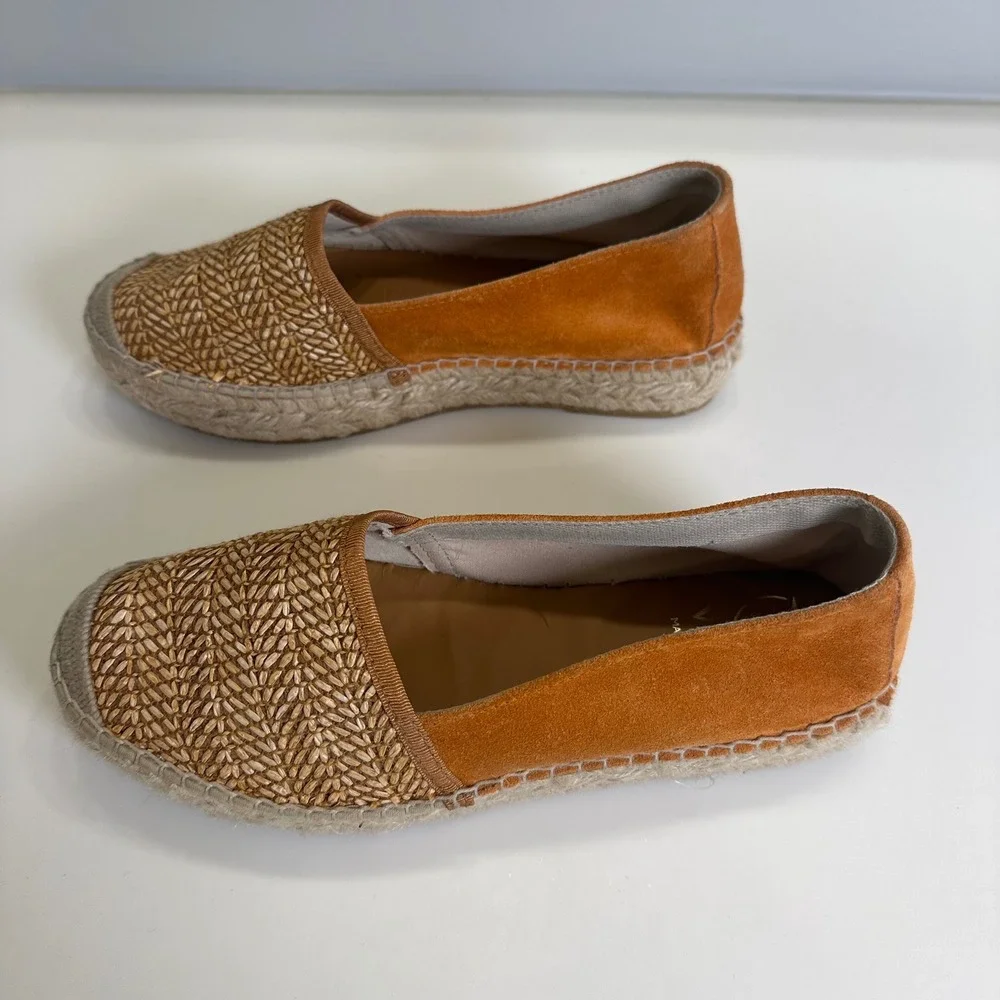 Viguera Spain Womens 38 Burnt Orange Suede Woven Straw Espadrille Flats Slip On